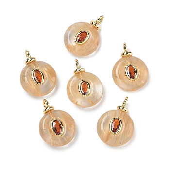 Watermelon Stone Glass Pendants, Flat Round Charms with Brass Micro Pave Cubic Zirconia Findings, Lead Free & Cadmium Free, Long-Lasting Plated, Rack Plating, Real 18K Gold Plated, 18x13x6mm, Hole: 2~3mm