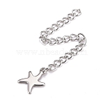 Tarnish Resistant 304 Stainless Steel Chain Extender, Curb Chain, with 202 Stainless Steel Charms, Starfish, Stainless Steel Color, 60~71mm, Link: 3.7x3x0.5mm, Starfish: 11x8.5x0.6mm(X-STAS-F268-47P)