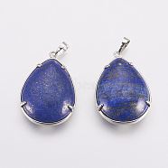 Natural Lapis Lazuli Pendants, with Brass Findings, Teardrop with Tree, Dyed, Platinum, 37x25~26x10~11mm, Hole: 5x8mm(G-E488-A12-P)