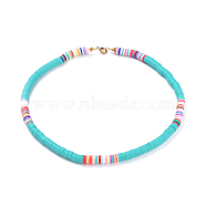 Handmade Polymer Clay Heishi Beaded Necklaces, with Brass Spacer Beads and 304 Stainless Steel Findings, Turquoise, 15.9~16.1 inch(40.5~41cm)(NJEW-JN02448-04)