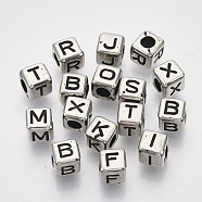 CCB Plastic Beads, Horizontal Hole, Cube with Letter, Antique Silver, 6x6.5x6.5mm, Hole: 3mm(X-CCB-T010-15AS)