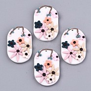 Handmade Polymer Clay Pendants, Oval with Flower, Floral White, 44x29x7mm, Hole: 2mm(CLAY-N010-015)