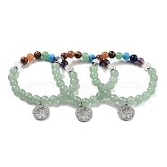 Natural Green Aventurine Round Beaded Chakra Stretch Bracelets, Brass Micro Pave Cubic Zirconia Tree Charm Bracelets for Women, Inner Diameter: 2-1/4 inch(5.6cm)(BJEW-K251-01B)