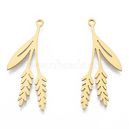 201 Stainless Steel Pendants, Leaf Charm, Real 18K Gold Plated, 34x14.5x1mm, Hole: 1.5mm(STAS-N090-LA971-2)