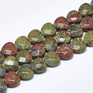 Natural Unakite Beads Strands, Faceted, Heart, 10x10x5mm, Hole: 1.2mm, about 20pcs/strand, 7.4 inch(X-G-S357-E01-04)