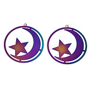 Ion Plating(IP) 201 Stainless Steel Filigree Pendants, Etched Metal Embellishments, Ring with Moon & Star, Rainbow Color, 42.5x40x0.3mm, Hole: 1.8mm(STAS-S118-013)