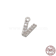 Real Platinum Plated Rhodium Plated 925 Sterling Silver Micro Pave Clear Cubic Zirconia Charms, Initial Letter, Letter V, 8.5x5.5x1mm, Hole: 0.9mm(STER-P054-10P-V)