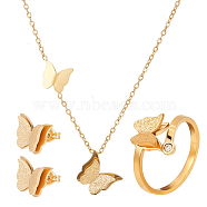 Titanium Steel Butterfly Jewelry Set, Stud Earrings & Open Cuff Rings & Pendnat Necklace, Golden, 10x12mm, Inner Diameter: 18mm, 17.13 inch(43.5cm)(SJEW-AN0001-54)