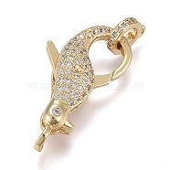 Brass Micro Pave Cubic Zirconia Lobster Claw Clasps, with Bail Beads/Tube Bails, Long-Lasting Plated, Penguin, Clear, Real 18K Gold Plated, 28x15x8mm, Hole: 3x3mm, Tube Bails: 10x8x2mm, hole: 1.4mm(ZIRC-M108-10A-G)