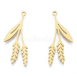 201 Stainless Steel Pendants, Leaf Charm, Real 18K Gold Plated, 34x14.5x1mm, Hole: 1.5mm(STAS-N090-LA971-2)