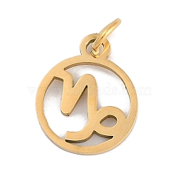 Ion Plating(IP) 304 Stainless Steel Charms, with Jump Ring, Laser Cut, Real 18K Gold Plated, Ring with Constellation Charm, Capricorn, 13.5x11x1mm, Hole: 3mm(STAS-R135-05G-07)