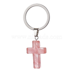 Synthetic Cherry Quartz Glass Keychains, with 304 Stainless Steel Split Key Rings, Cross, 5.6cm, Cross: 37.5x18x5.5mm(KEYC-JKC00729-01)