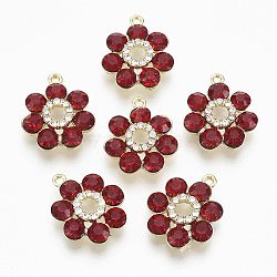 Golden Plated Alloy Pendants, with Glass Rhinestone, Flower, FireBrick, 19x16x5mm, Hole: 1.2~1.5mm(X-PALLOY-N154-02C)