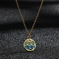 Colorful Wave Shaped Brass Blue Enamel Pendant 201 Stainless Steel Cable Chain Necklaces for Women, Golden, 17.72 inch(45cm)(FS-WG576FA-01)