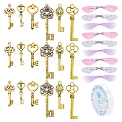 SUNNYCLUE Skeleton Key Charm DIY Jewelry Making Kit for Crafts Gifts, Including Alloy Pendants, Polyester Fabric Wings, Clear Elastic Crystal Thread, Antique Golden, 60pcs/set(DIY-SC0017-36)