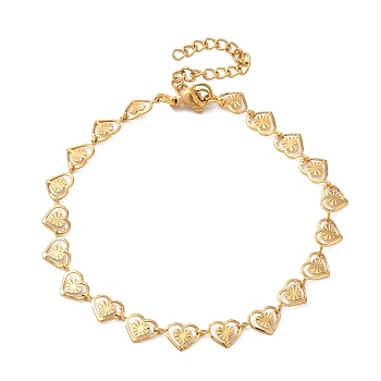 304 Stainless Steel Chain Bracelet for Women, Golden, Heart, 7-3/8 inch(18.8cm), Link: 10x6mm
