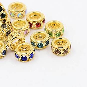 Brass Rhinestone European Beads, Large Hole Beads, Grade A, Rondelle, Golden Metal Color, Mixed Color, 10x5~6mm, Hole: 5mm