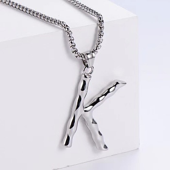 3Pcs Stainless Steel Textured Letter Pendant Box Chain Necklaces, Stainless Steel Color, Letter K