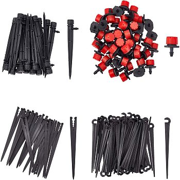 DIY Plant Irrigation System Kits, include Plastic Irrigation Drip Support Stakes, Adjustable Irrigation Drippers Sprinklers, Drip Emitters, Mixed Color, 140pcs/set