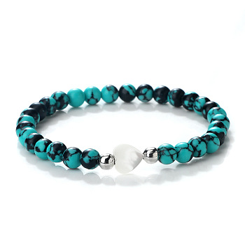 Synthetic Turquoise Heart & Round Beaded Stretch Bracelet