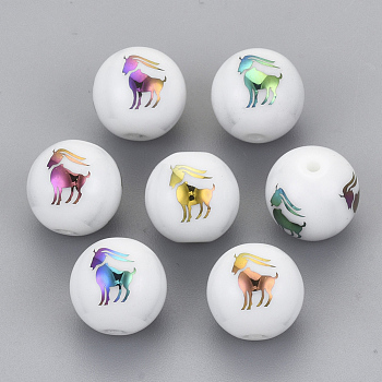 Electroplate Glass Beads, Round with Constellations Pattern, Multi-color Plated, Capricorn, 10mm, Hole: 1.2mm