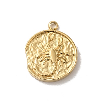 304 Stainless Steel Pendants, Textured Flat Round with Constellations Charm, Real 14K Gold Plated, Scorpio, 18x15x2mm, Hole: 1.8mm