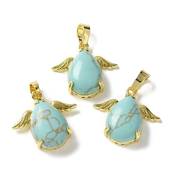 Synthetic Turquoise Pendants, Teardrop Charms with Golden Tone Brass Wings, Rack Plating, Cadmium Free & Lead Free, 22.5x24.5x9mm, Hole: 7.5x4.5mm