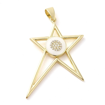 Real 18K Gold Plated Brass Clear Cubic Zirconia Pendants, with Enamel, Star, White, 40x29x3.5mm, Hole: 6.5x3.7mm