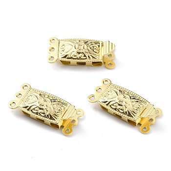 Brass Filigree Box Clasps, Multi-Strand Clasps, 3-Strands, 6 Holes, Rectangle, Real 24K Gold Plated, 20x10x4.5mm, Hole: 1mm