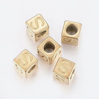 304 Stainless Steel Large Hole Letter European Beads, Horizontal Hole, Cube with Letter.S, Golden, 8x8x8mm, Hole: 5mm