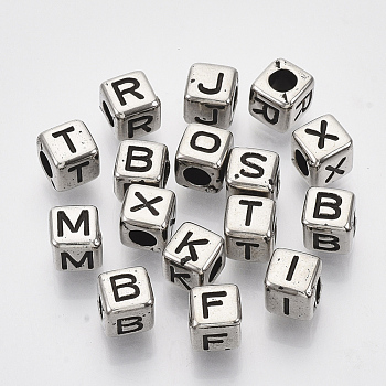 CCB Plastic Beads, Horizontal Hole, Cube with Letter, Antique Silver, 6x6.5x6.5mm, Hole: 3mm