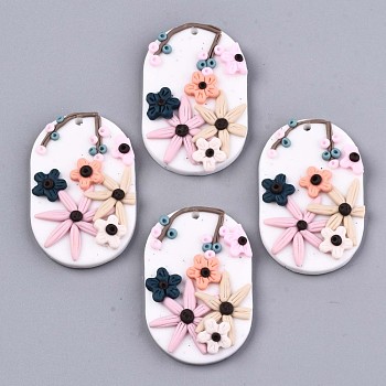 Handmade Polymer Clay Pendants, Oval with Flower, Floral White, 44x29x7mm, Hole: 2mm