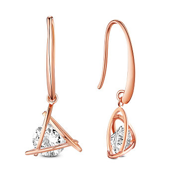 SHEGRACE 925 Sterling Silver Dangle Earrings, with Grade AAA Cubic Zirconia, Triangle, Clear, Rose Gold, 31.5mm