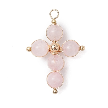 Natural Rose Quartz Pendants, with  Copper Wire, Cross, 33x22x6.5mm, Hole: 3x3.5mm