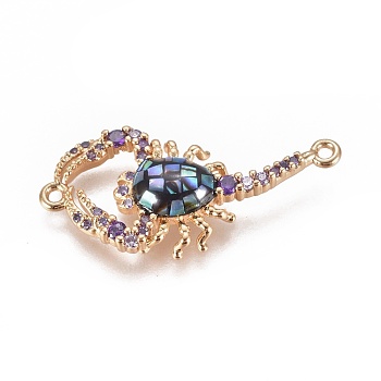 Brass Micro Pave Cubic Zirconia Links, with Abalone Shell/Paua Shell, Scorpion, Golden, 14x31x5mm, Hole: 1.2mm