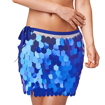Polyester Tassel Belly Dance Short, Hip Scarf, Sequins Costume Party Rave Skirts, Fringe Hip Skirt, with Plastic Sheet, Blue, 2000mm