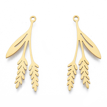 201 Stainless Steel Pendants, Leaf Charm, Real 18K Gold Plated, 34x14.5x1mm, Hole: 1.5mm