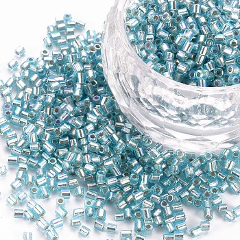 Glass Bugle Beads, Silver Lined Colours Rainbow, Sky Blue, 2.5~3x2mm, Hole: 0.9mm, about 15000pcs/pound