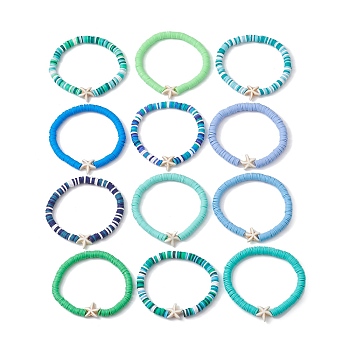 12Pcs 12 Color Polymer Clay Heishi Surfer Stretch Bracelets Set, Starfish Synthetic Turquoise Stackable Bracelets, Mixed Color, Inner Diameter: 2-1/8 inch(5.5cm), 1Pc/color