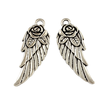 Tibetan Style Zinc Alloy Pendants, Wing with Flower, Lead Free & Cadmium Free, Antique Silver, 31x11x3.5mm, Hole: 2mm, about 227pcs/500g