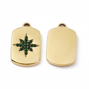 Vacuum Plating 201 Stainless Steel Pendants, with Rhinestone, Real 18K Gold Plated, Oval Rectangle with Star Charms, Fern Green, 20.5x12.5x2mm, Hole: 1.4mm
