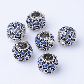 Alloy Enamel European Beads, with Rhinestones, Large Hole Beads, Rondelle, Antique Silver, Blue, 11x9mm, Hole: 5mm