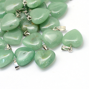 Heart Natural Green Aventurine Pendants, with Platinum Tone Brass Findings, 17~19x15~16x5~8mm, Hole: 2x7mm