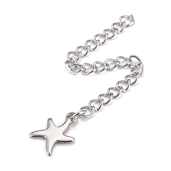 Tarnish Resistant 304 Stainless Steel Chain Extender, Curb Chain, with 202 Stainless Steel Charms, Starfish, Stainless Steel Color, 60~71mm, Link: 3.7x3x0.5mm, Starfish: 11x8.5x0.6mm