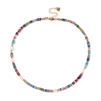 Rondelle Natural Agate & Pearl & Brass Beaded Necklaces for Women, Real 16K Gold Plated, 15.94 inch(40.5cm)