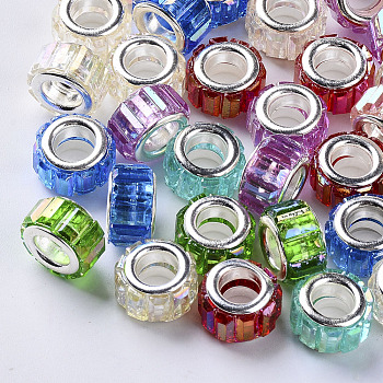 Transparent Resin European Beads, Large Hole Beads, with Silver Color Plated Double Brass Cores, Faceted, AB Color Plated, Column, Mixed Color, 10x6mm, Hole: 5mm