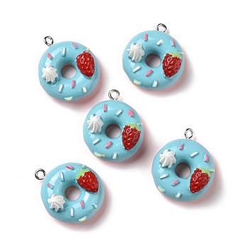 Opaque Resin Pendants, with Platinum Tone Iron Loops, Donut, Cyan, 25x22x13.5mm, Hole: 2mm