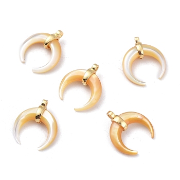 Natural Yellow Shell Pendants, with Golden Plated Brass Findings, Double Horn/Crescent Moon, 17~18x15x5mm, Hole: 1.5mm