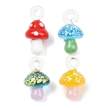 Handmade Lampwork Pendants, Mushroom Charms, Mixed Color, 31~36x18~19mm, Hole: 4~5mm