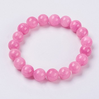 Natural Yellow Jade Beaded Stretch Bracelet, Dyed, Round, Pink, 2 inch(5cm), Beads:  6mm
